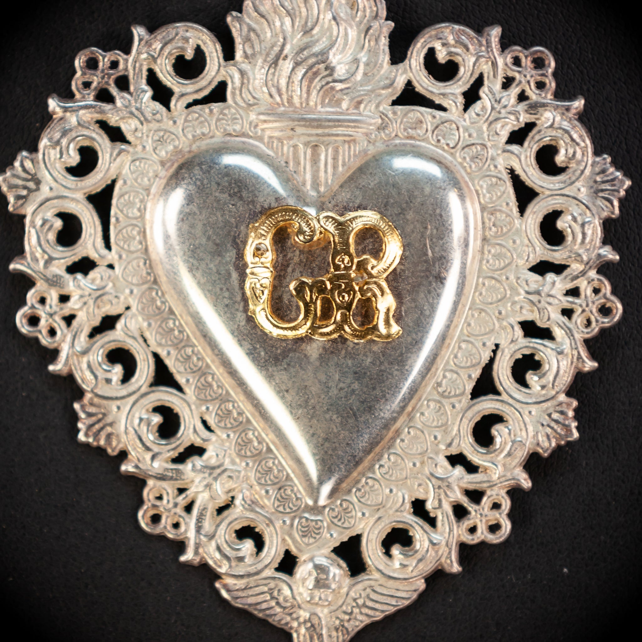 Solid Silver Votive Heart w Flame | Italian Ex-voto