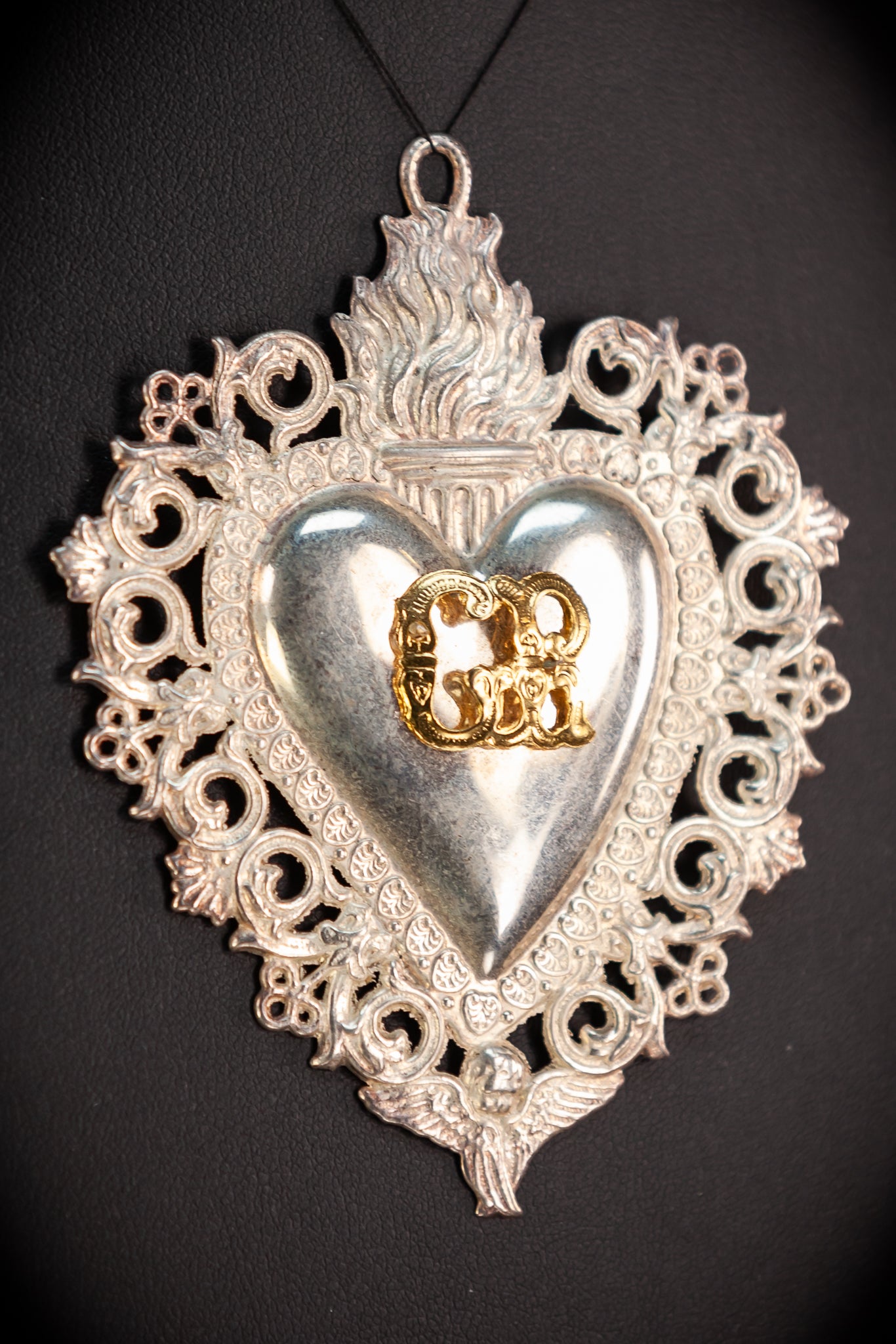 Solid Silver Votive Heart w Flame | Italian Ex-voto