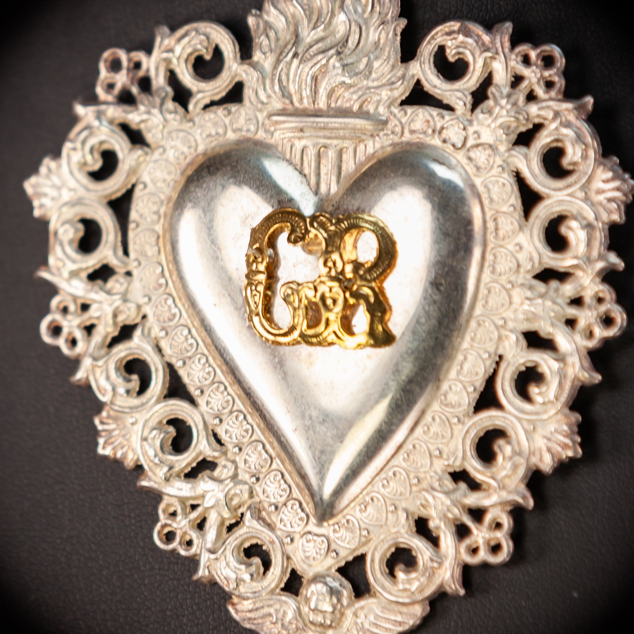 Solid Silver Votive Heart w Flame | Italian Ex-voto