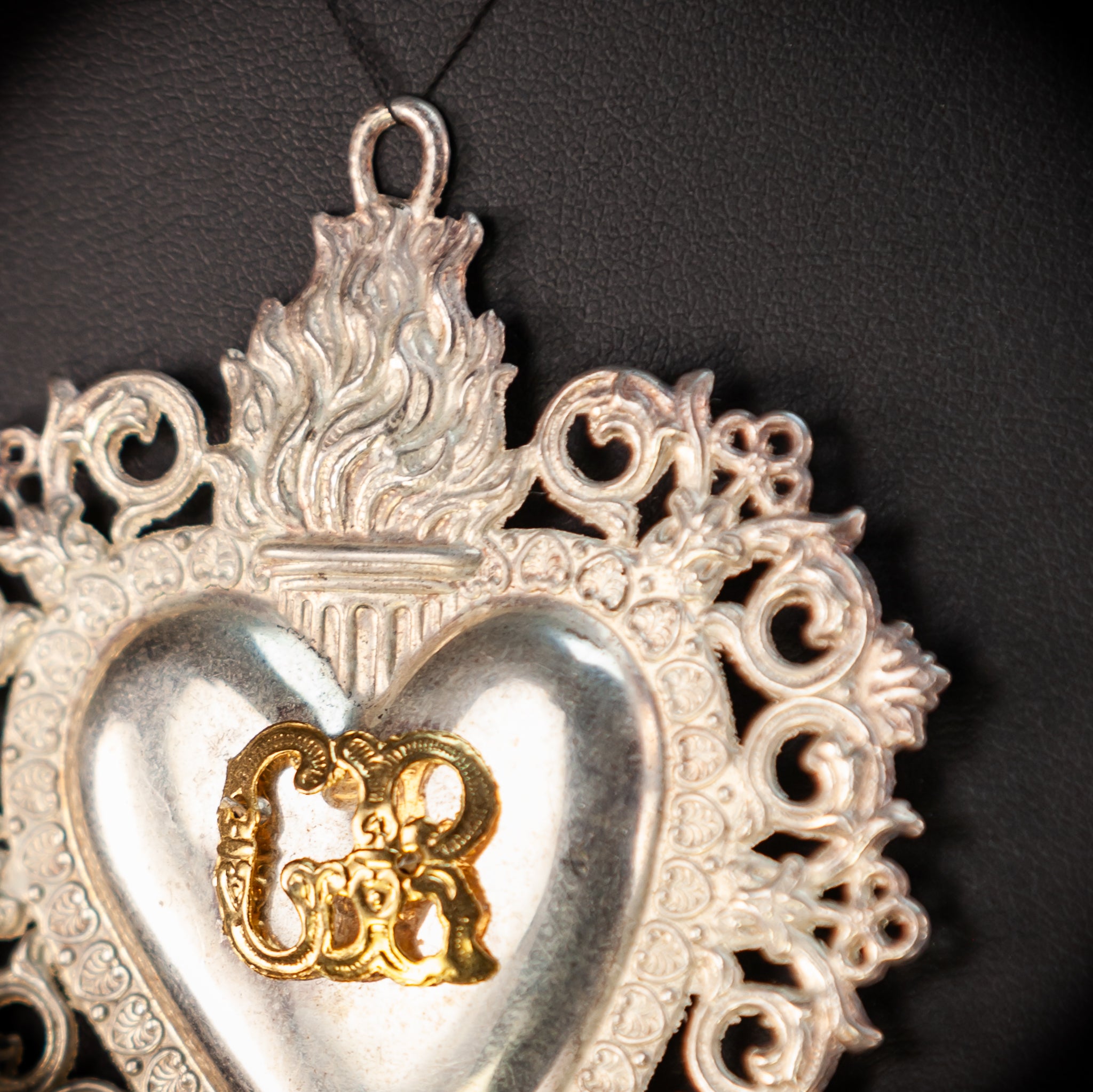 Solid Silver Votive Heart w Flame | Italian Ex-voto