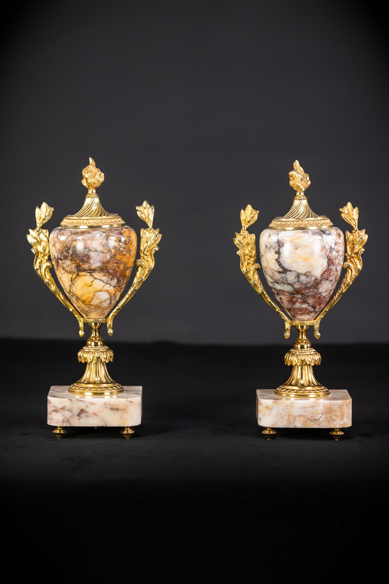 Pair of Urns | Cassolettes Marble and Gilt Bronze | 1800s Antique | 14.2" / 36 cm