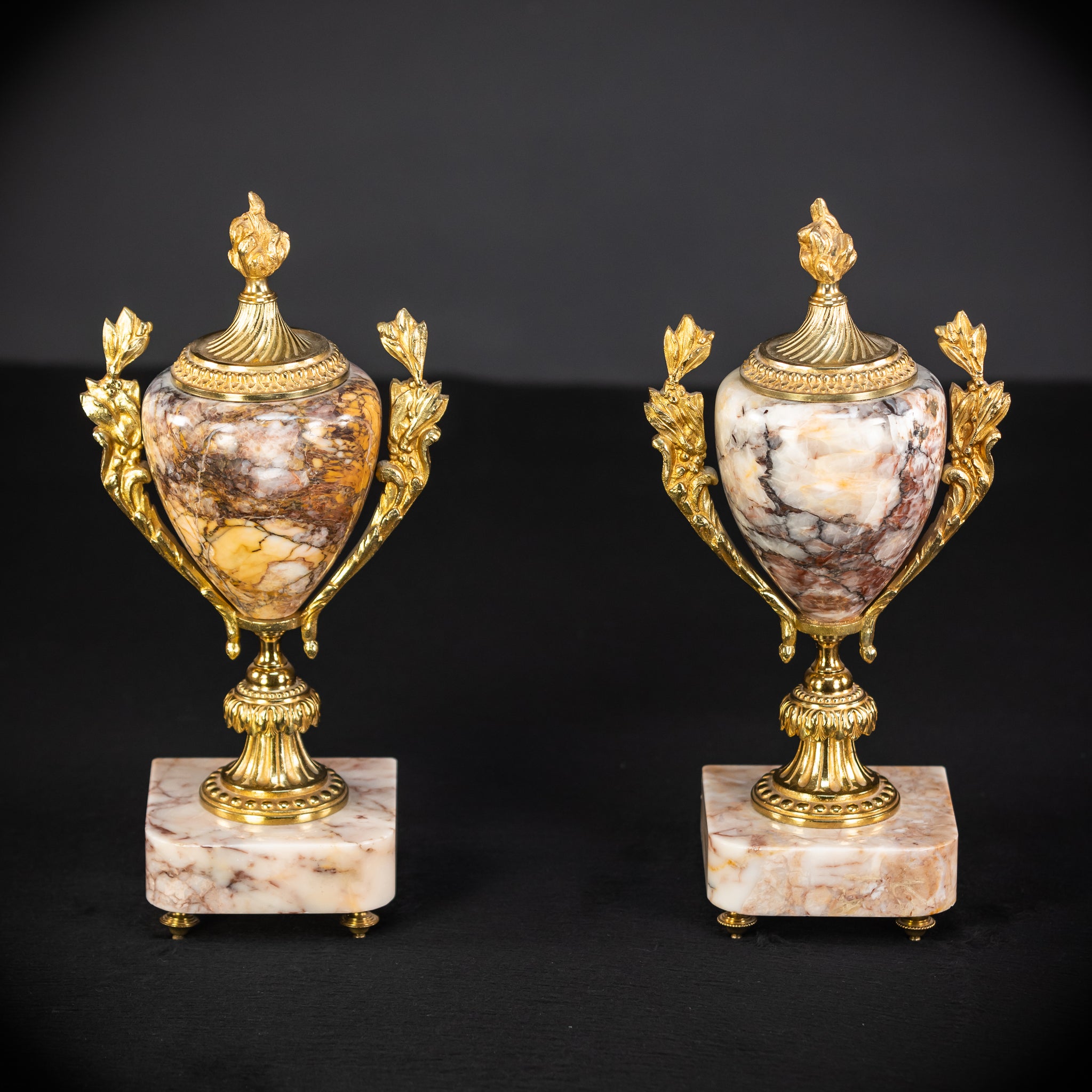 Pair of Urns | Cassolettes Marble and Gilt Bronze | 1800s Antique | 14.2" / 36 cm