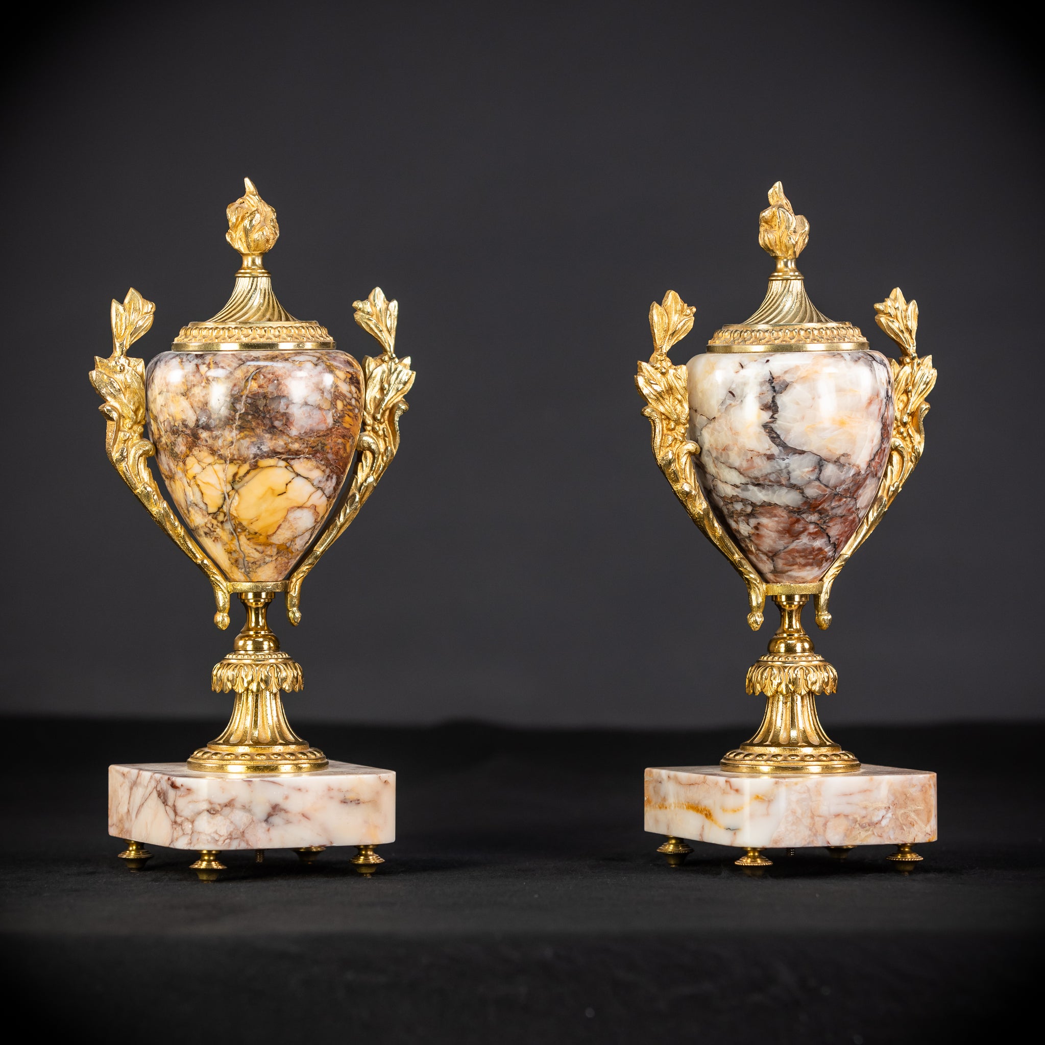 Pair of Urns | Cassolettes Marble and Gilt Bronze | 1800s Antique | 14.2" / 36 cm