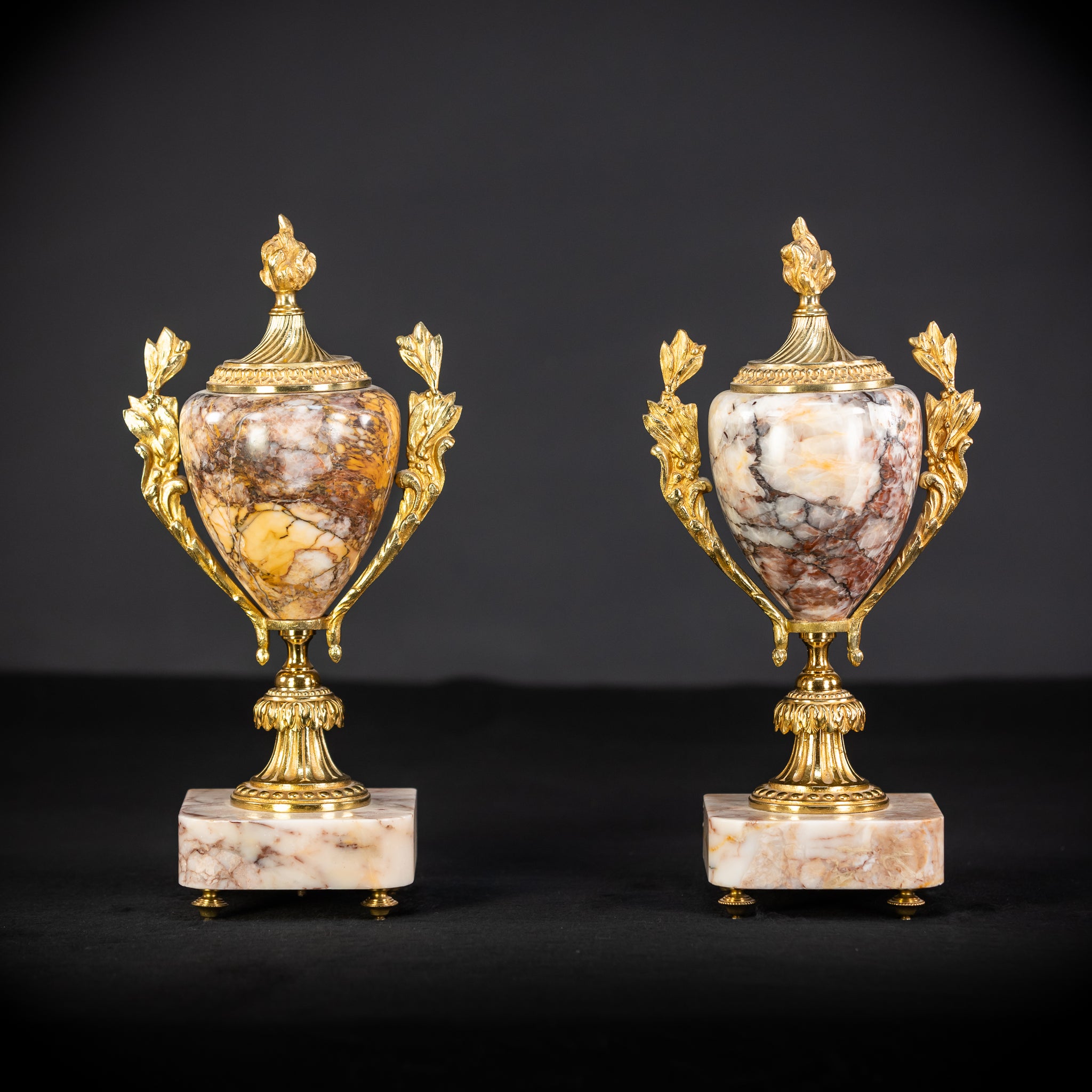 Pair of Urns | Cassolettes Marble and Gilt Bronze | 1800s Antique | 14.2" / 36 cm