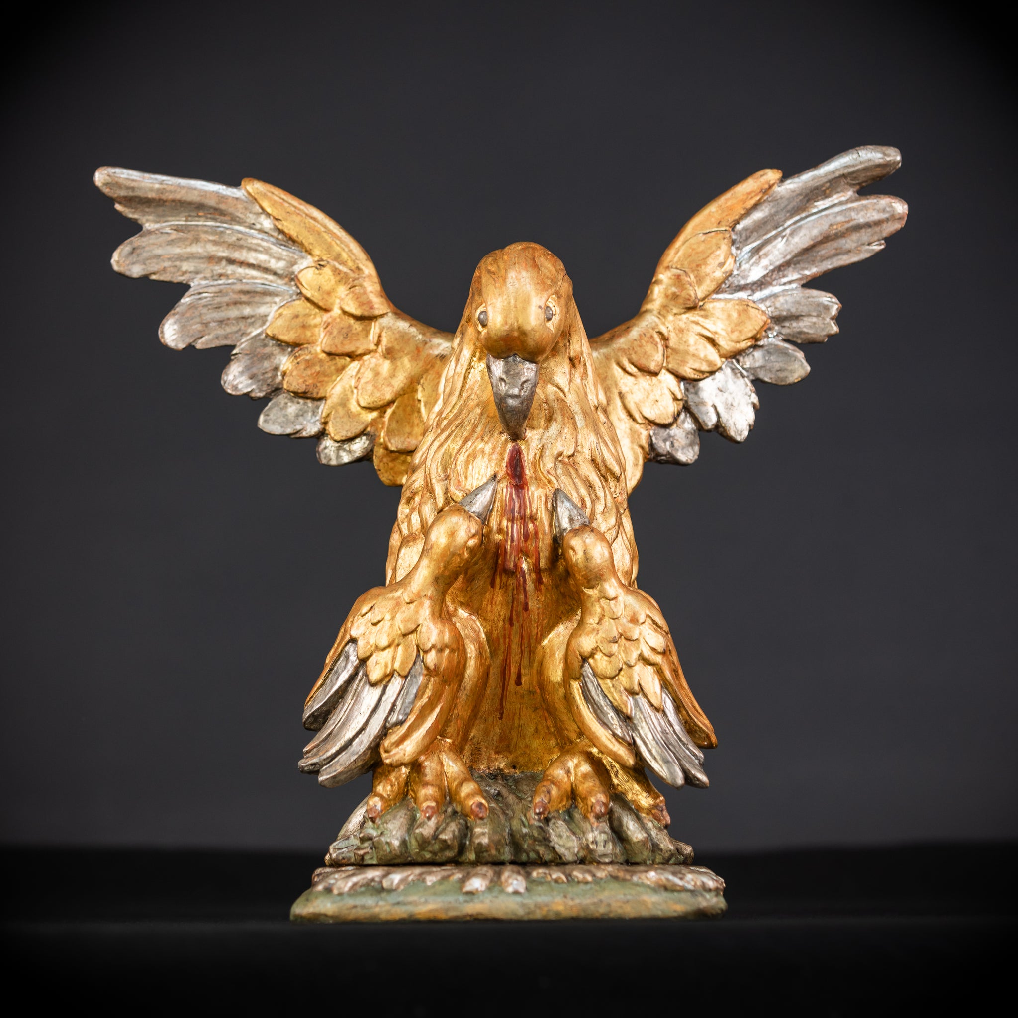 Pelican In Her Piety Wooden Sculpture | 1800s Antique | 13.4” / 34 cm