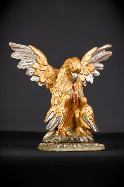 Pelican In Her Piety Wooden Sculpture | 1800s Antique | 13.4” / 34 cm