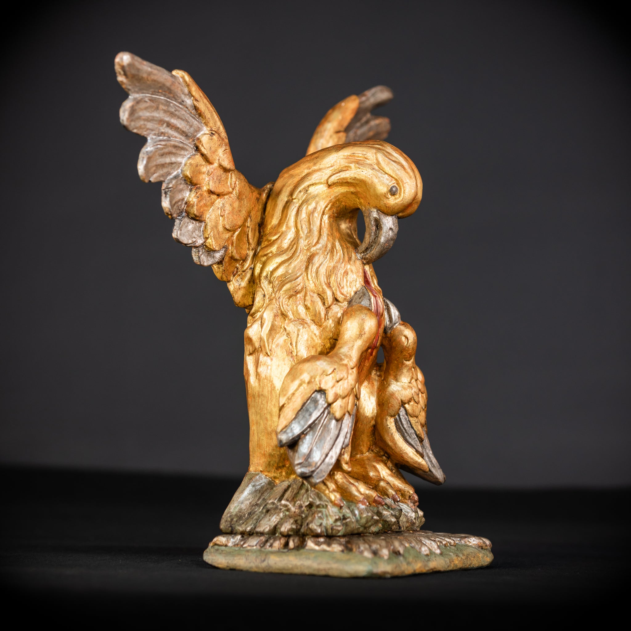 Pelican In Her Piety Wooden Sculpture | 1800s Antique | 13.4” / 34 cm