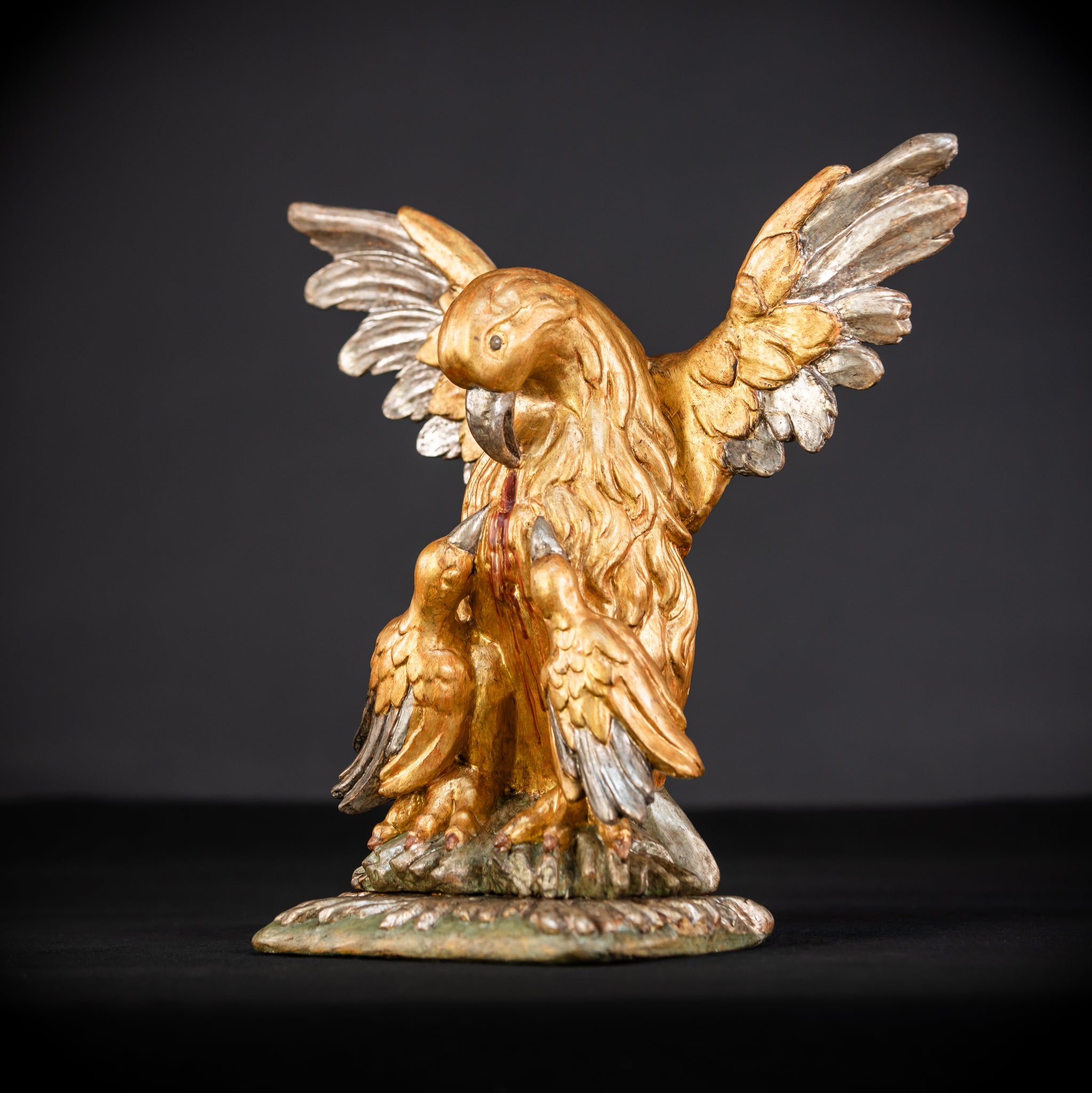 Pelican In Her Piety Wooden Sculpture | 1800s Antique | 13.4” / 34 cm