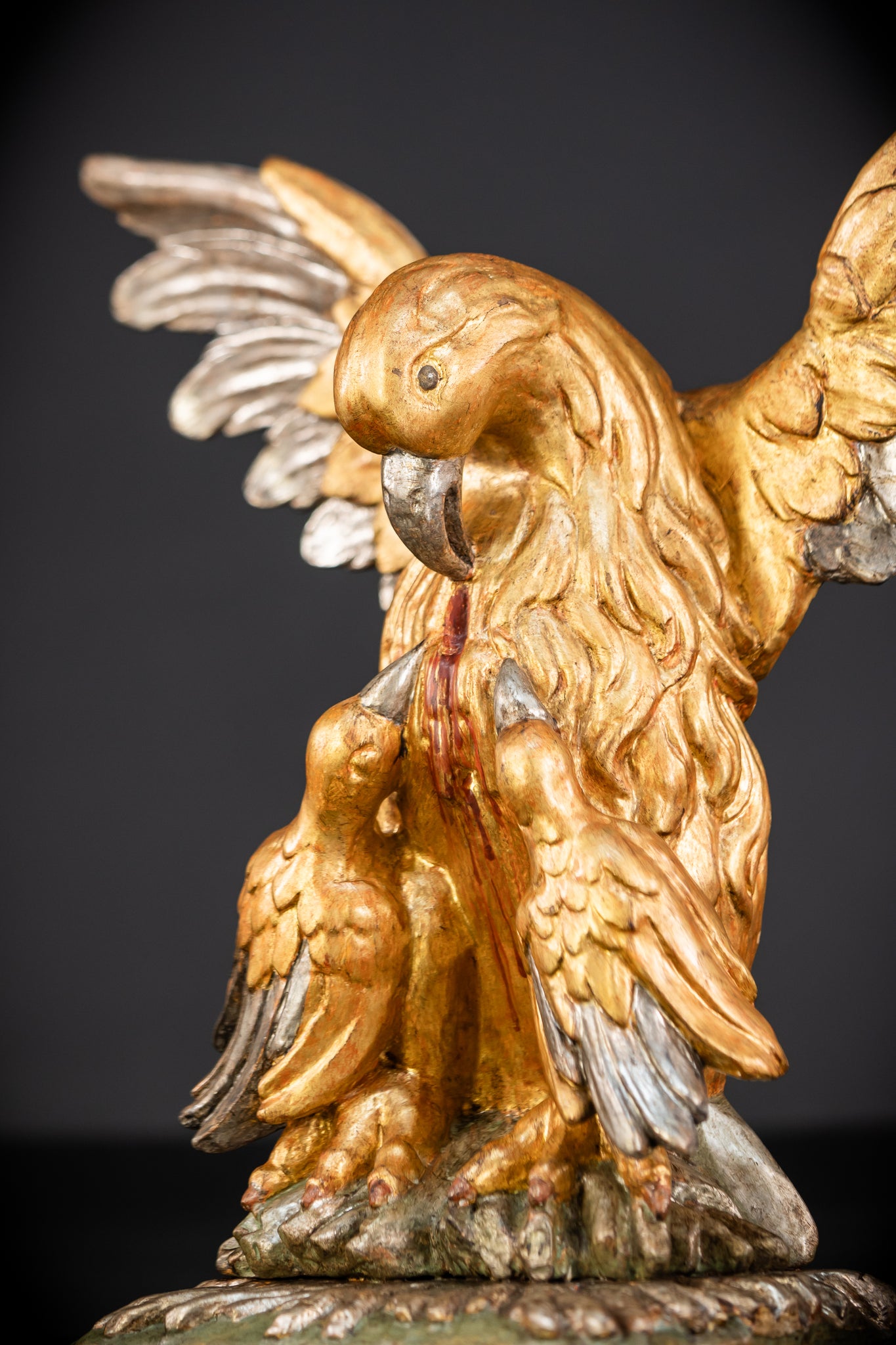 Pelican In Her Piety Wooden Sculpture | 1800s Antique | 13.4” / 34 cm