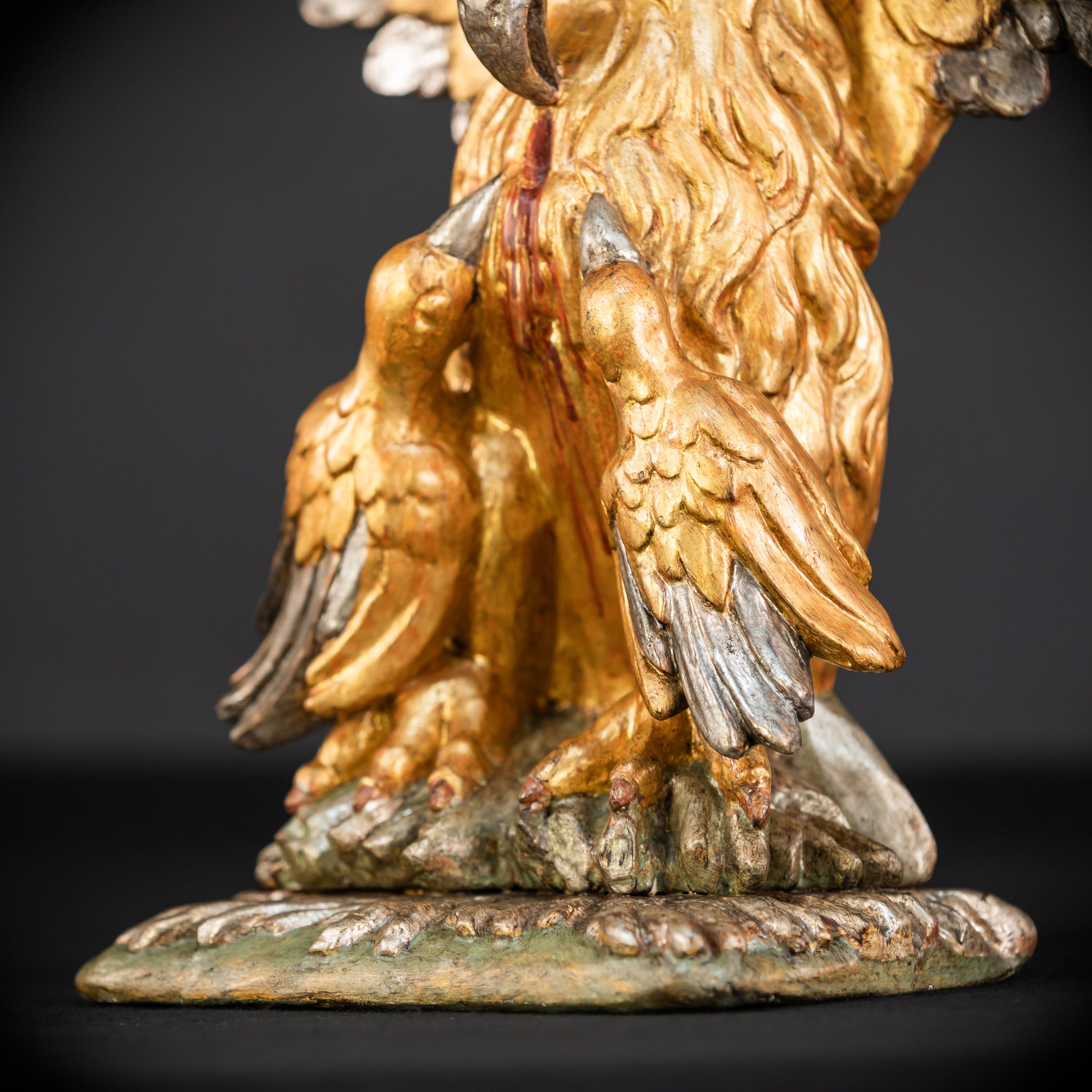 Pelican In Her Piety Wooden Sculpture | 1800s Antique | 13.4” / 34 cm